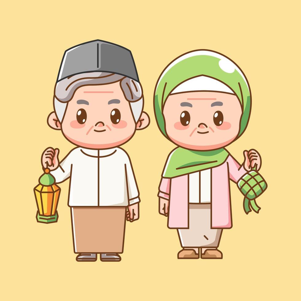 Cute muslim grandpa and grandma hold lantern and ketupat kawaii chibi character mascot illustration vector