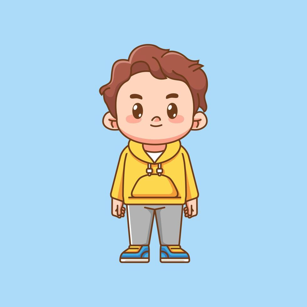 Cute boy stylish hoodie outfit kawaii chibi character mascot illustration vector