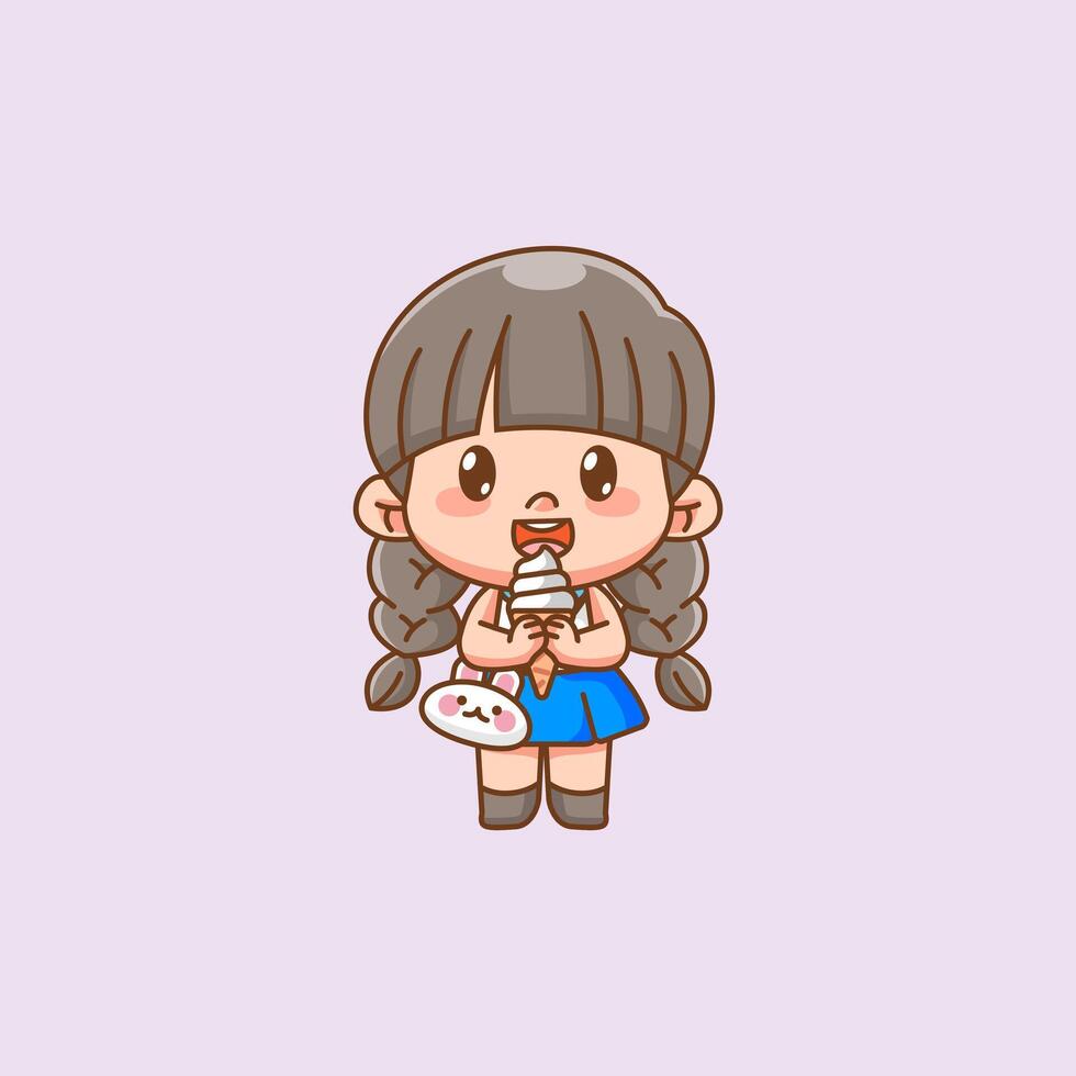 Cute happy little girl kawaii chibi eat ice cream character mascot illustration vector