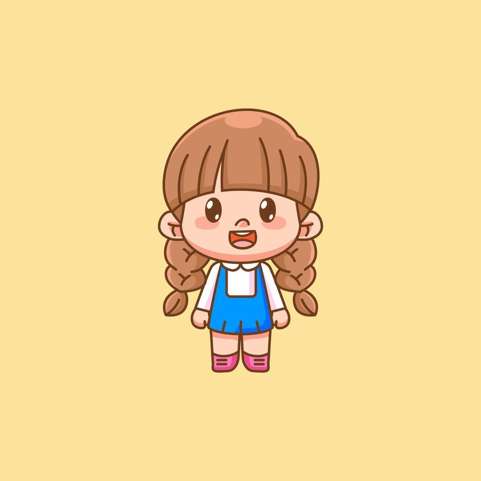 Cute happy little girl chibi kawaii character mascot illustration outline style design vector