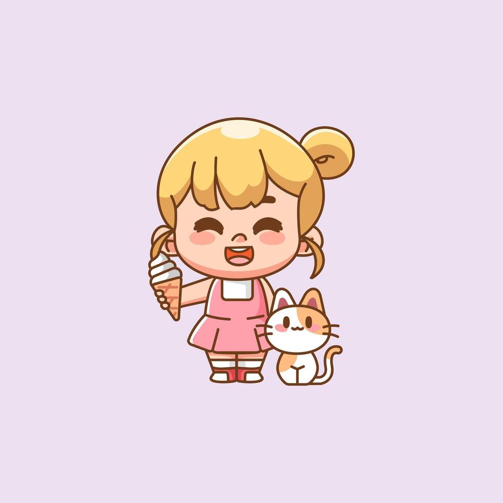 Cute happy little girl kawaii chibi eat ice cream with cat character mascot vector