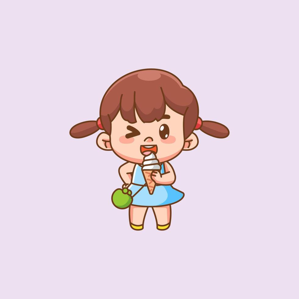 Cute happy little girl eat ice creamkawaii chibi character mascot illustration outline style vector