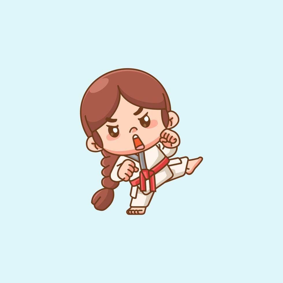 Cute little girl training Karate martial art chibi kawaii character mascot sport Icon vector