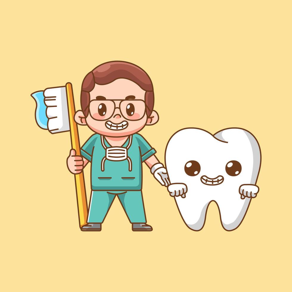 Cute male dentist with tooth character kawaii chibi mascot illustration outline style vector