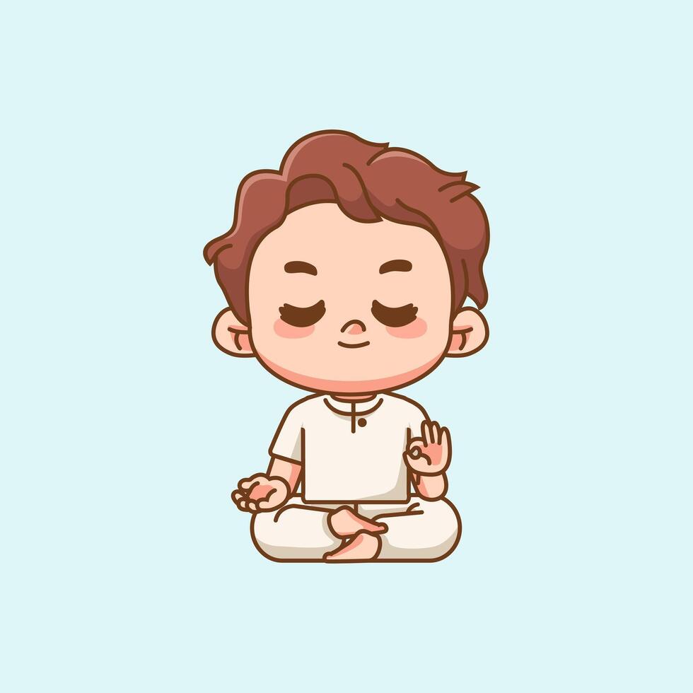Cute man meditation yoga kawaii chibi character mascot illustration outline style design vector