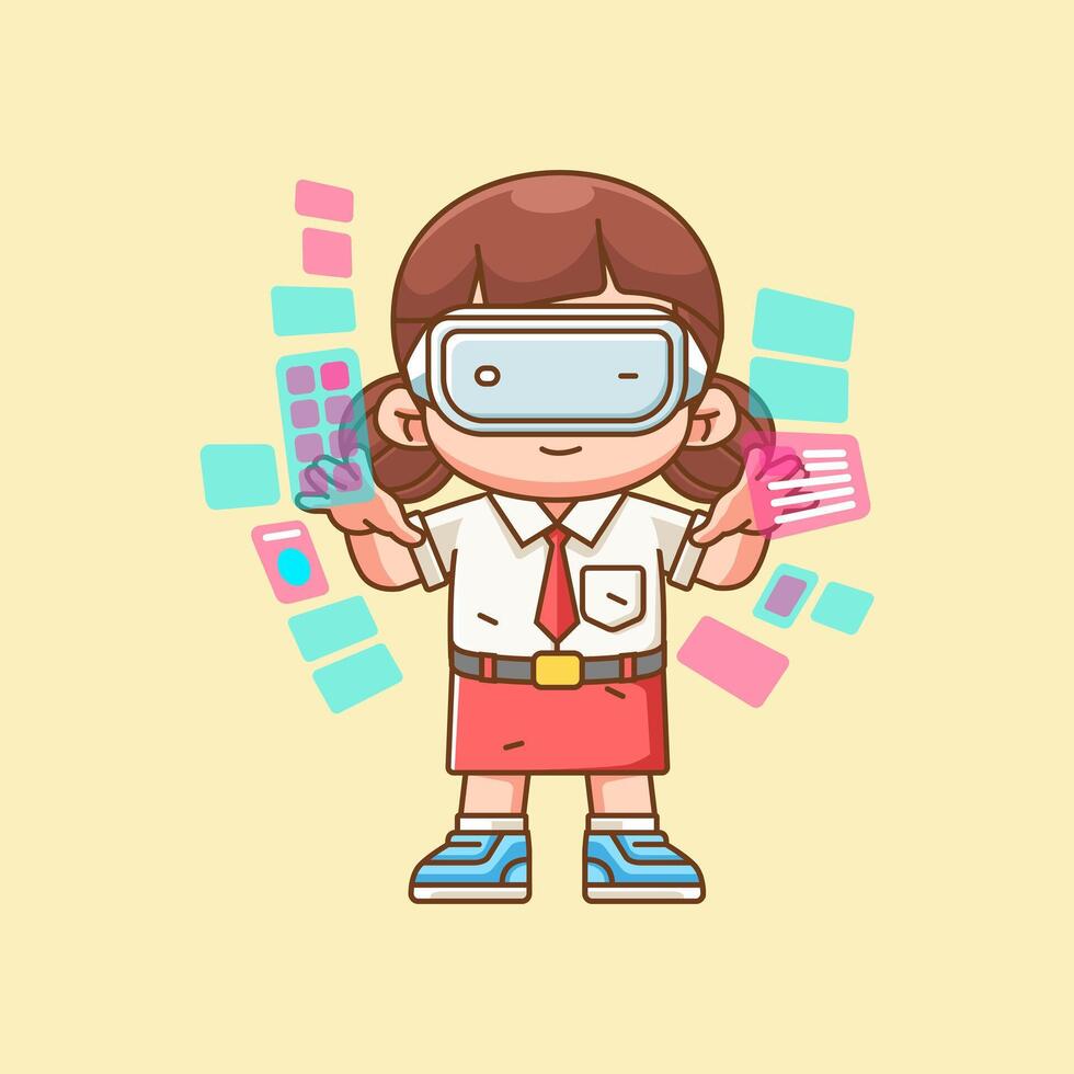 Cute elementary school girl interact virtual reality glasses vr kawaii chibi character mascot outline style vector