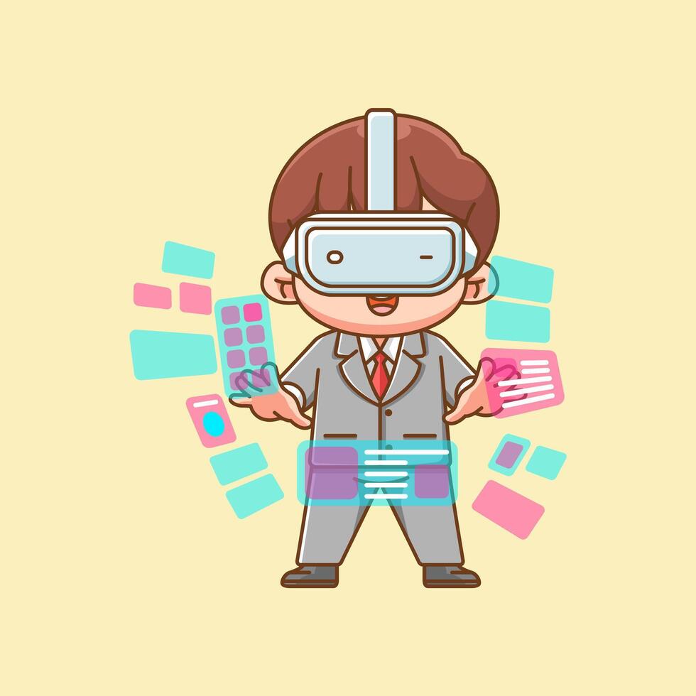 Cute businessman interact virtual reality glasses vr chibi kawaii character mascot illustration outline style design vector