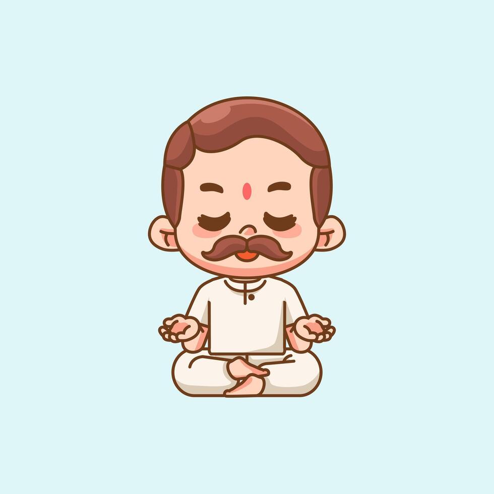 Cute india man meditation yoga kawaii chibi character mascot illustration outline style design vector