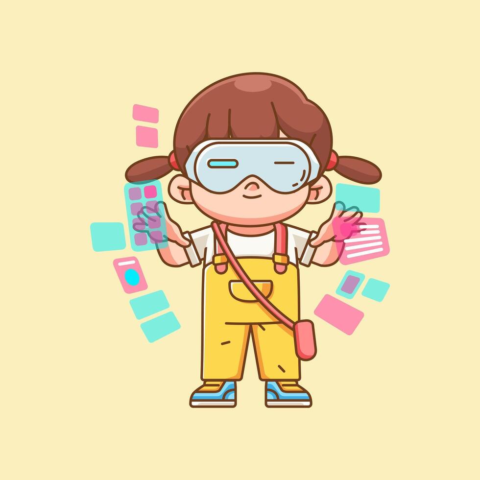 Cute girl interact virtual reality glasses vr chibi kawaii character mascot illustration outline style vector
