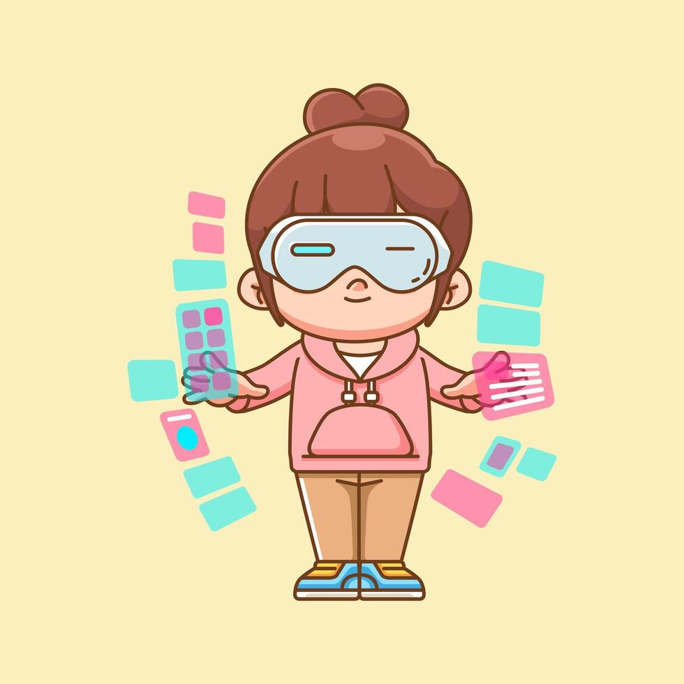Cute girl interact virtual reality glasses vr chibi kawaii character mascot illustration outline style vector