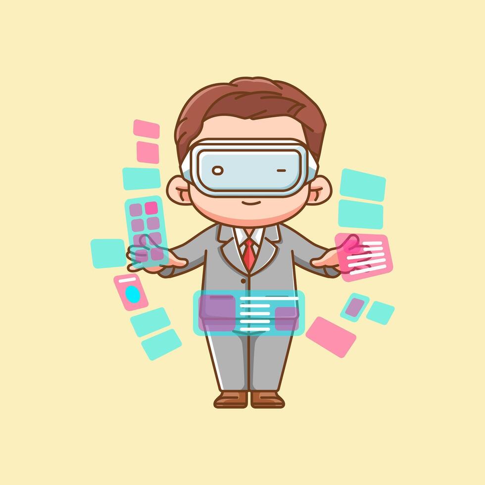 Cute businessman interact virtual reality glasses vr chibi kawaii character mascot illustration outline style design vector