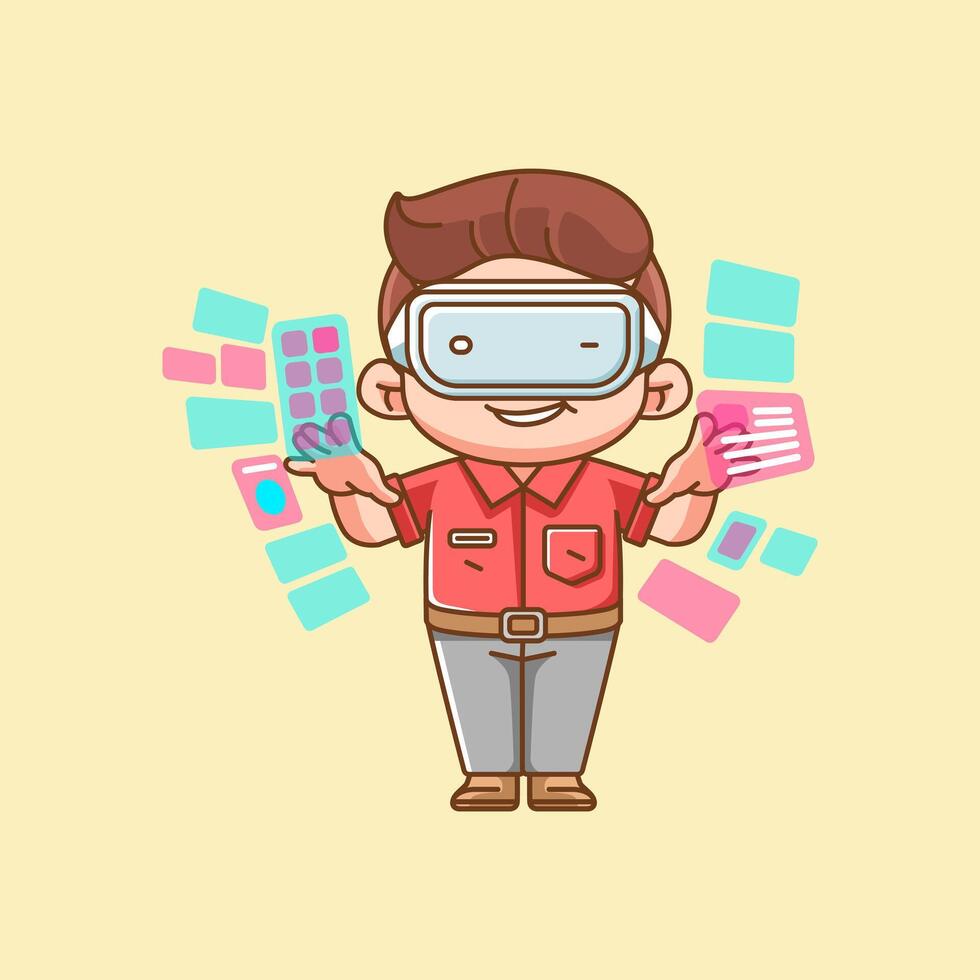 Cute man interact virtual reality glasses vr chibi kawaii character mascot illustration outline style vector