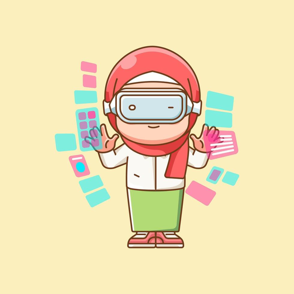 Cute hijab girl interact virtual reality glasses vr chibi kawaii character mascot illustration outline style vector