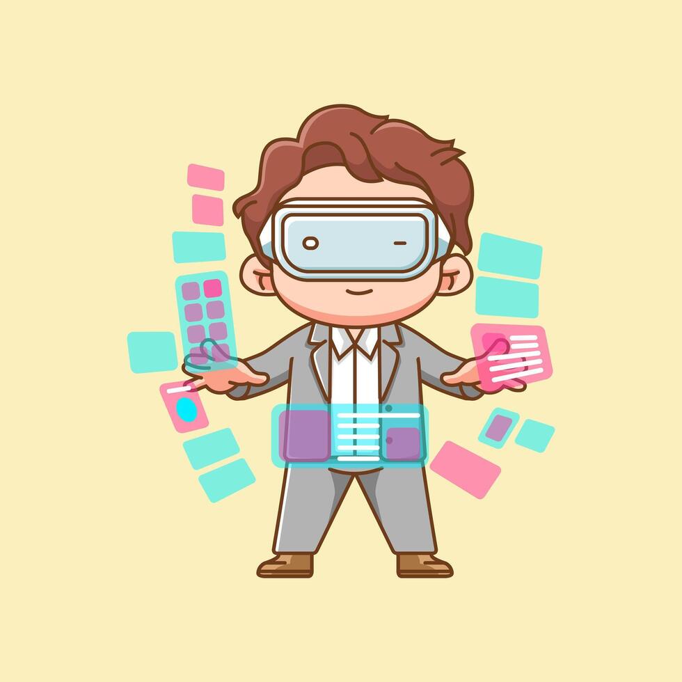 Cute businessman interact virtual reality glasses vr chibi kawaii character mascot illustration outline style design vector