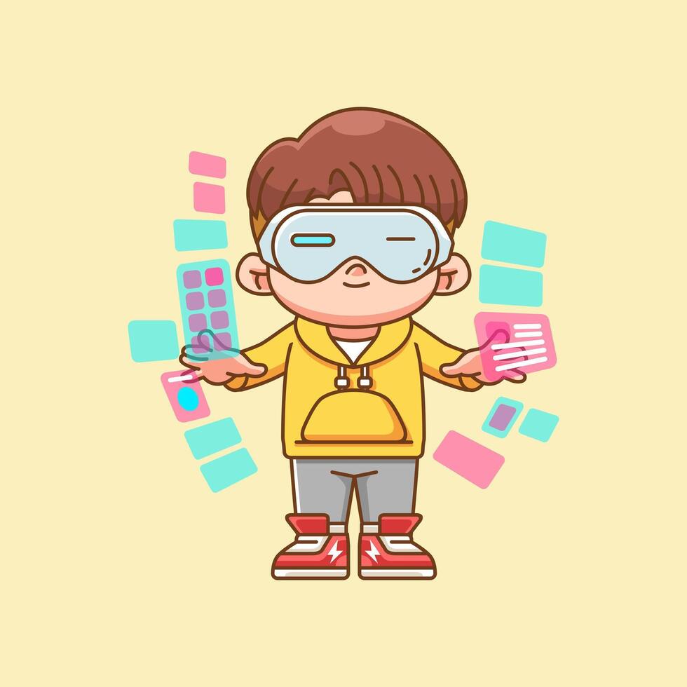 Cute boy interact virtual reality glasses vr chibi kawaii character mascot illustration outline style vector