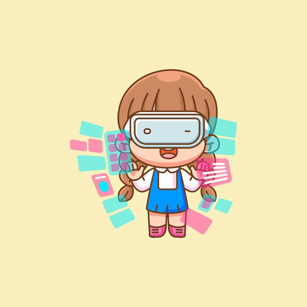 Cute little girl interact virtual reality glasses vr chibi kawaii character mascot illustration outline style vector