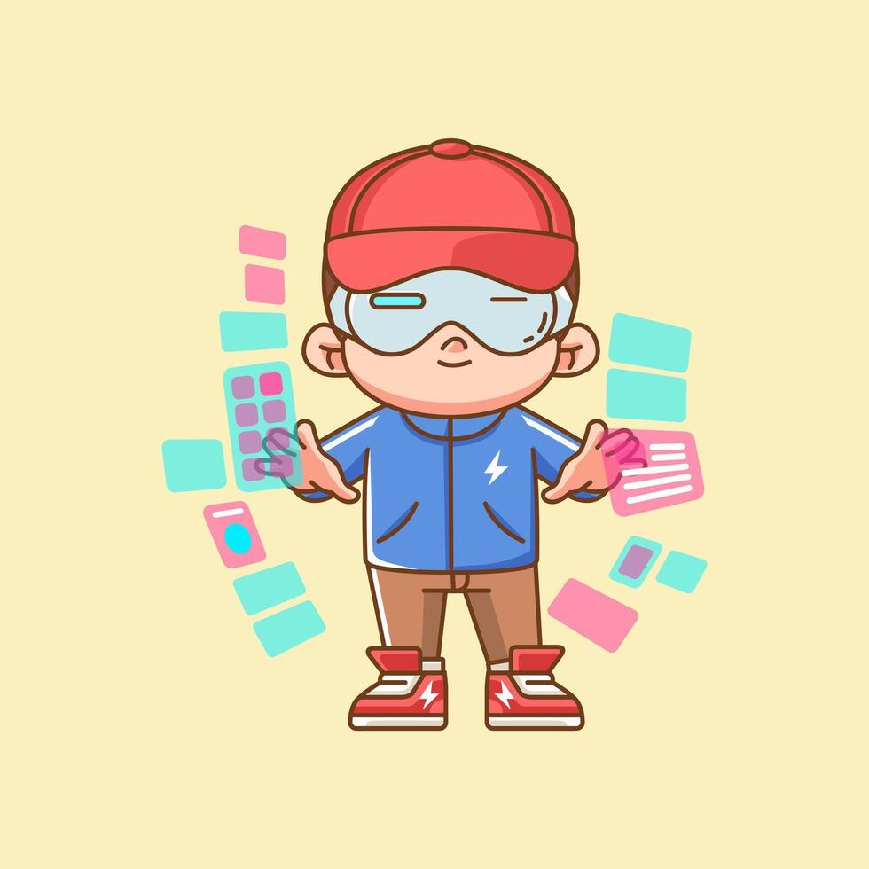 Cute boy interact virtual reality glasses vr chibi kawaii character mascot illustration outline style vector