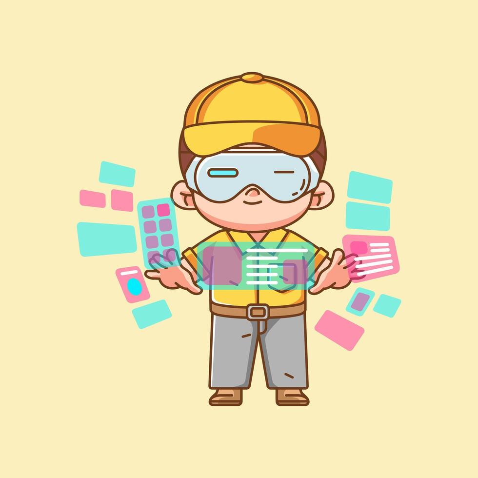 Cute man interact virtual reality glasses vr chibi kawaii character mascot illustration outline style vector