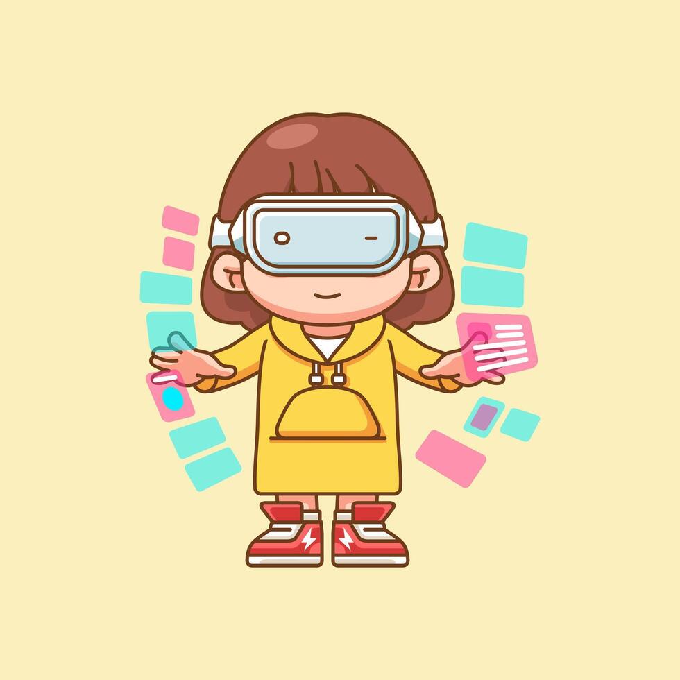 Cute girl interact virtual reality glasses vr chibi kawaii character mascot illustration outline style vector