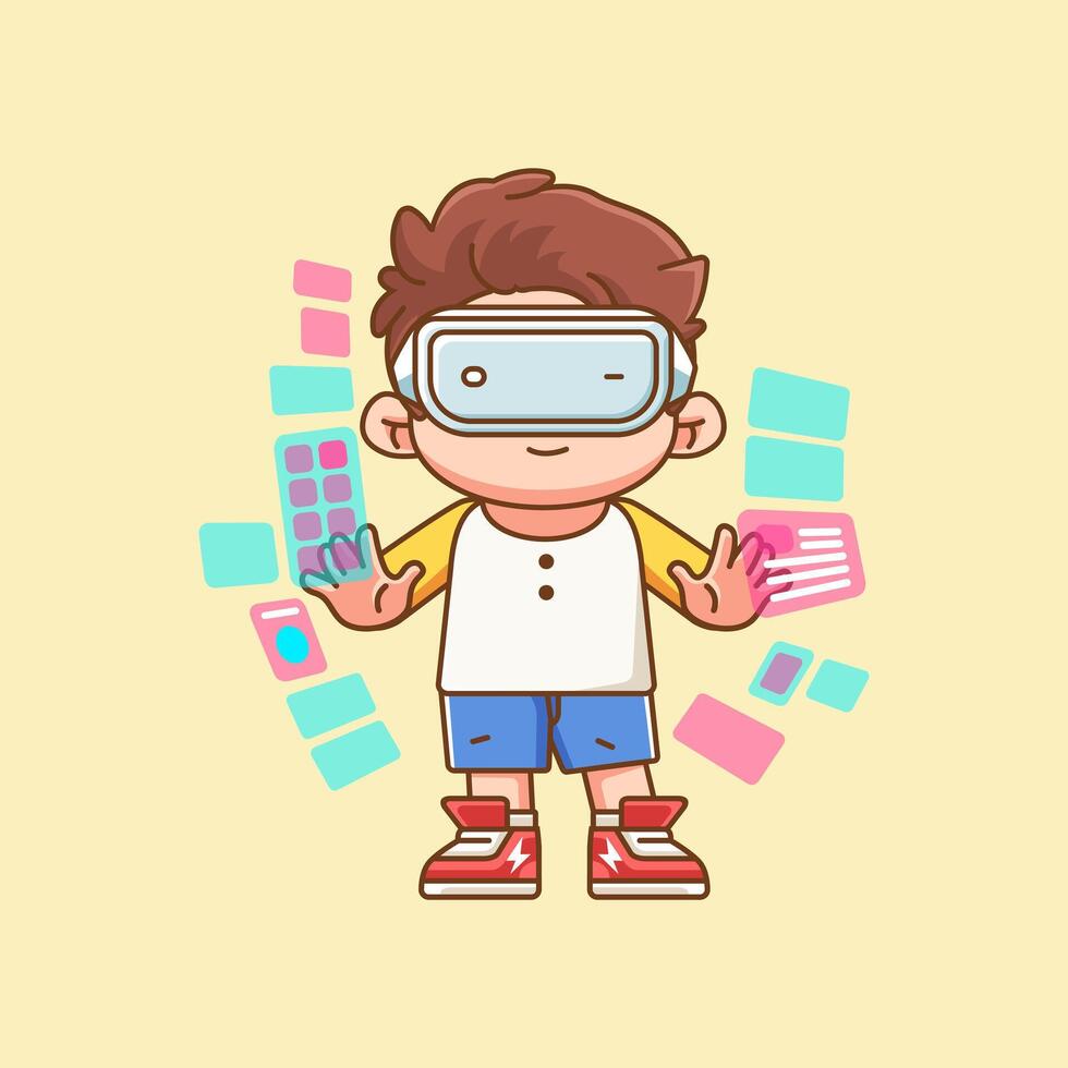 Cute boy interact virtual reality glasses vr chibi kawaii character mascot illustration outline style vector