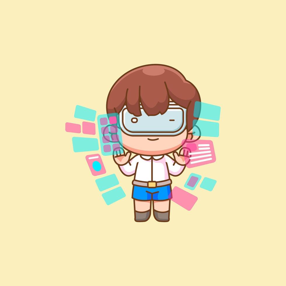 Cute little boy interact virtual reality glasses vr chibi kawaii character mascot illustration outline style vector