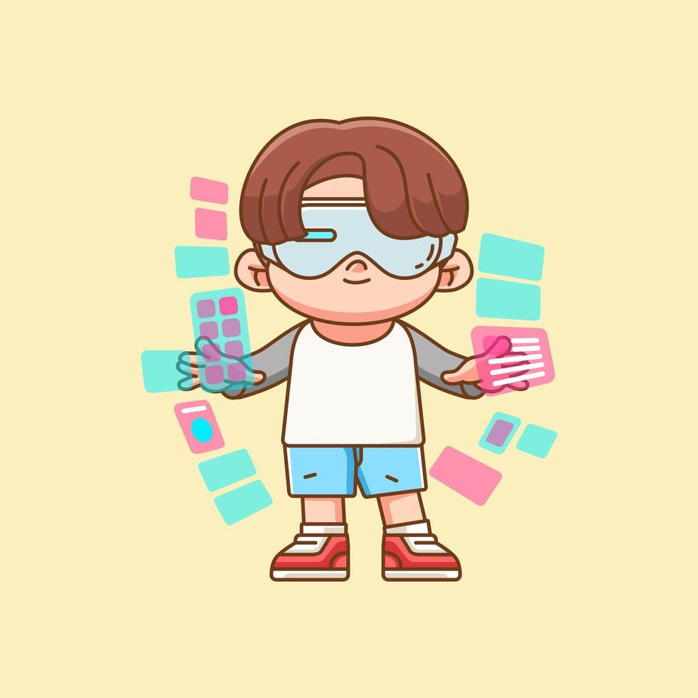Cute boy interact virtual reality glasses vr chibi kawaii character mascot illustration outline style vector