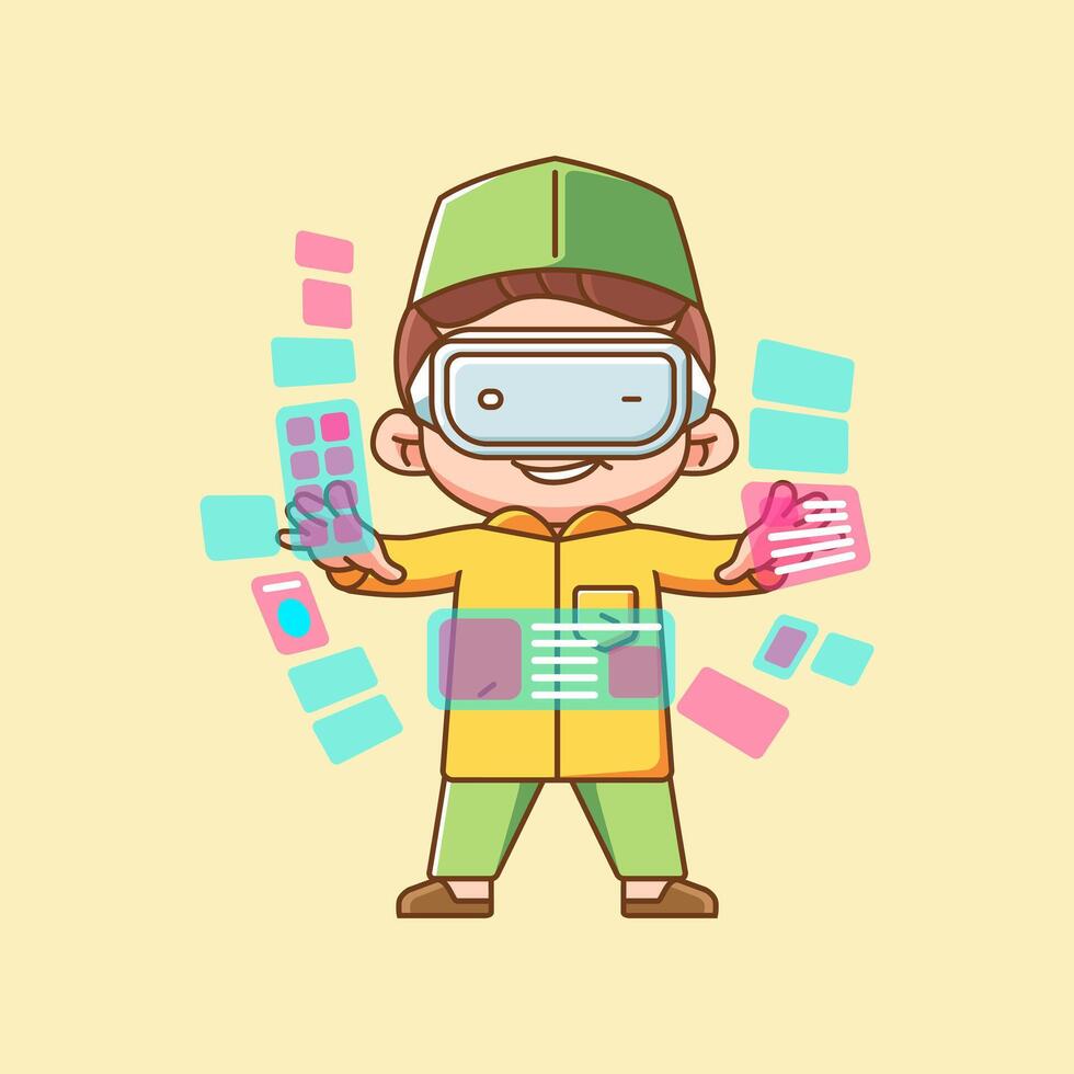 Cute muslim boy interact virtual reality glasses vr chibi kawaii character mascot illustration vector