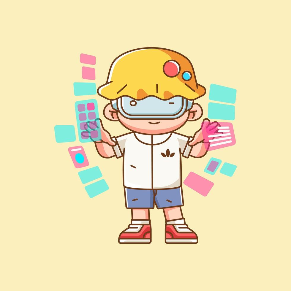 Cute boy interact virtual reality glasses vr chibi kawaii character mascot illustration outline style vector