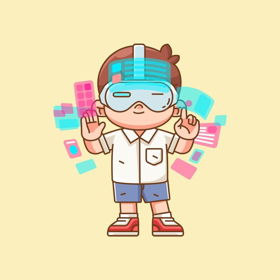 Cute boy interact virtual reality glasses vr chibi kawaii character mascot illustration outline style vector