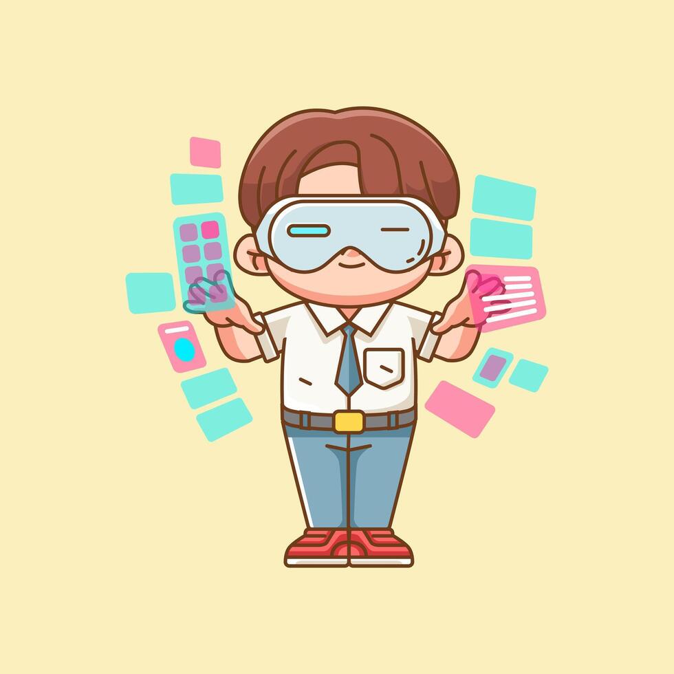Cute senior high school boy interact virtual reality glasses vr chibi kawaii character mascot outline style vector