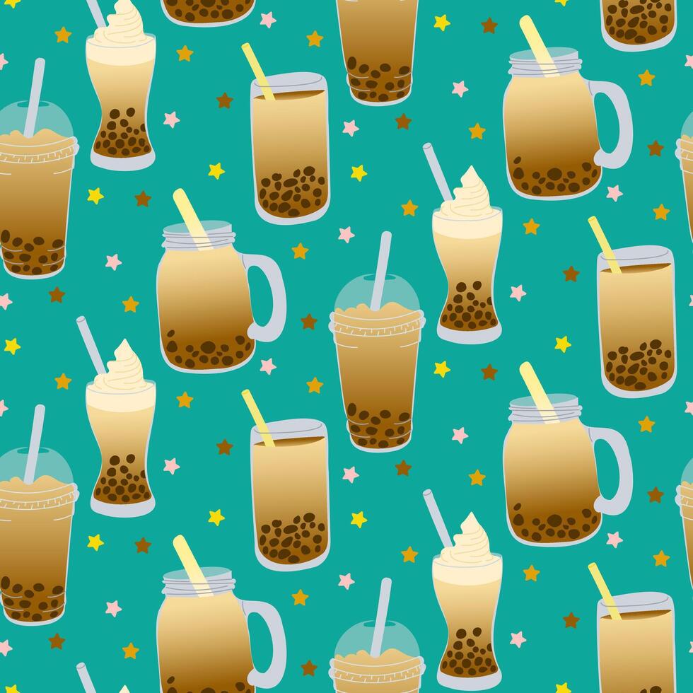 Seamless pattern with flat Asian bubble tea and tapioca pearls in glass jar. Summer vacation illustration on green background with stars. Good for textile, wallpaper vector