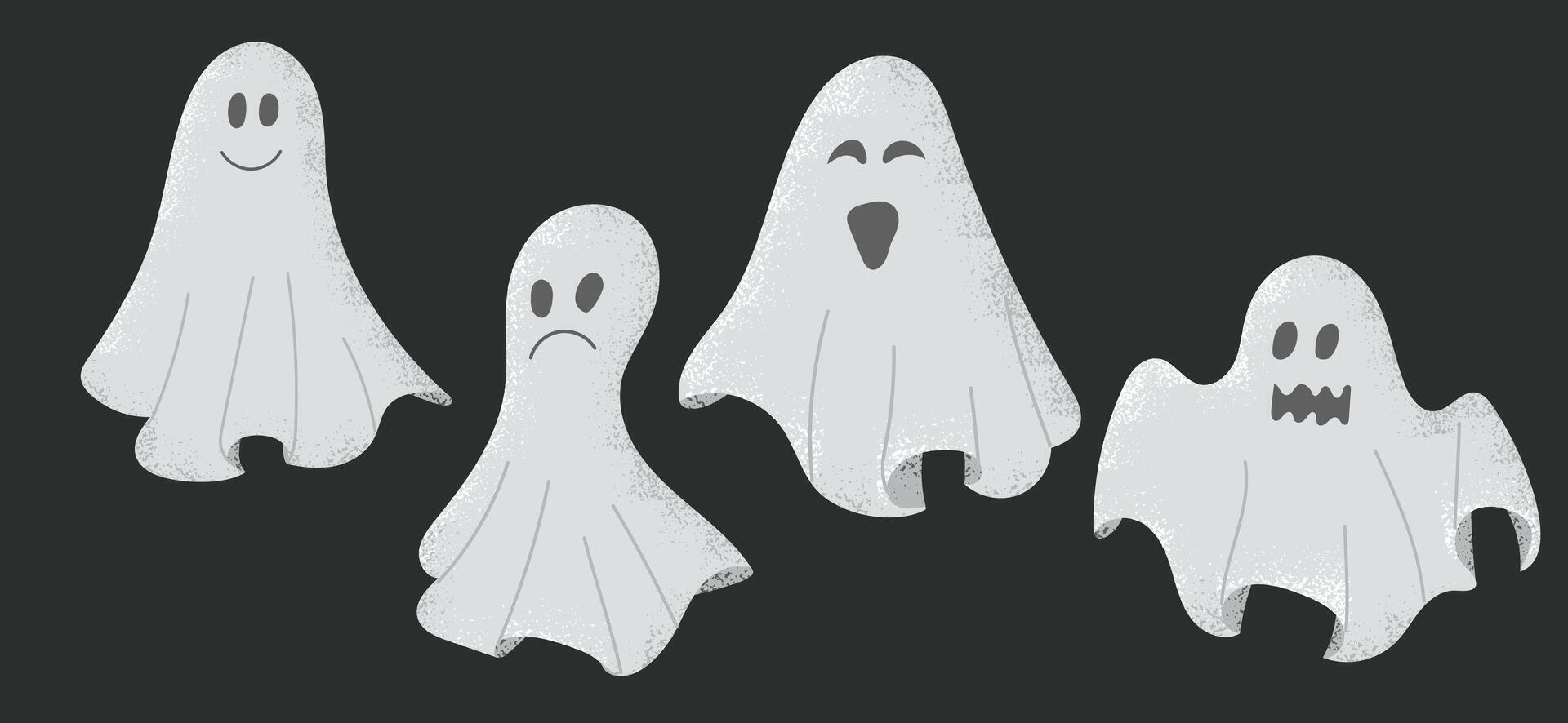 Flat collection of hand drawn contrast ghosts with grunge texture. Scary design for Halloween on dark background. Funny ghosts with different face expressions vector