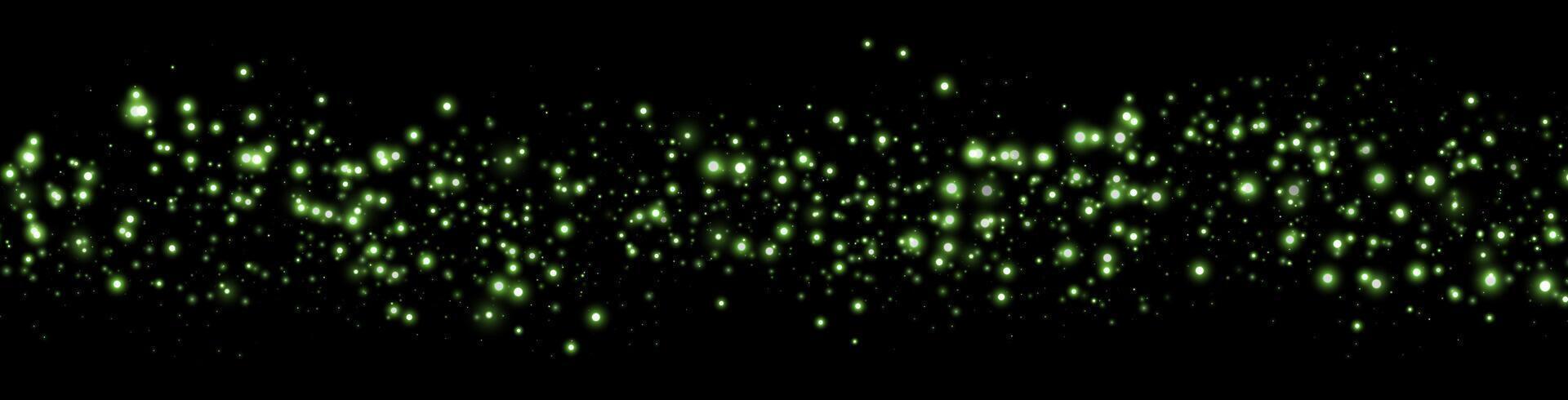 Green glittering dots, particles, stars magic sparks. Dust cloud flare light effect. Green luminous points with smoke. vector