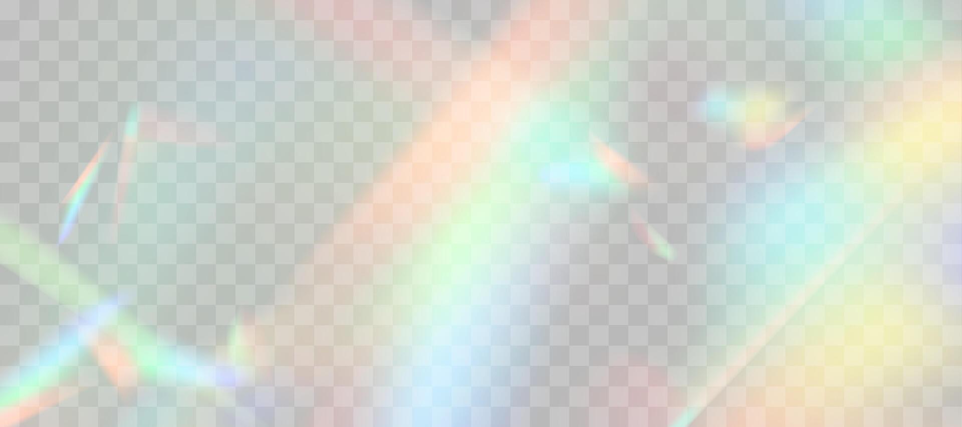Blurred rainbow refraction overlay effect. Light lens prism effect on transparent background. Holographic reflection, crystal flare leak shadow overlay. vector