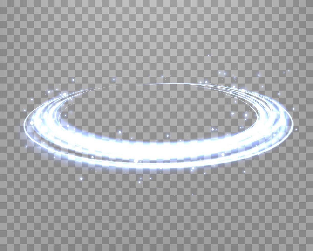 Glowing blue magic rings. Dynamic orbital flare halo ring. Neon realistic energy swoosh swirl. Abstract light effect vector