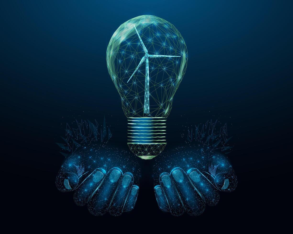 Two human hands are holds wind Generation Turbine. Renewable alternative energy concept with glowing low poly windmill on dark blue background. Wireframe low poly design. vector