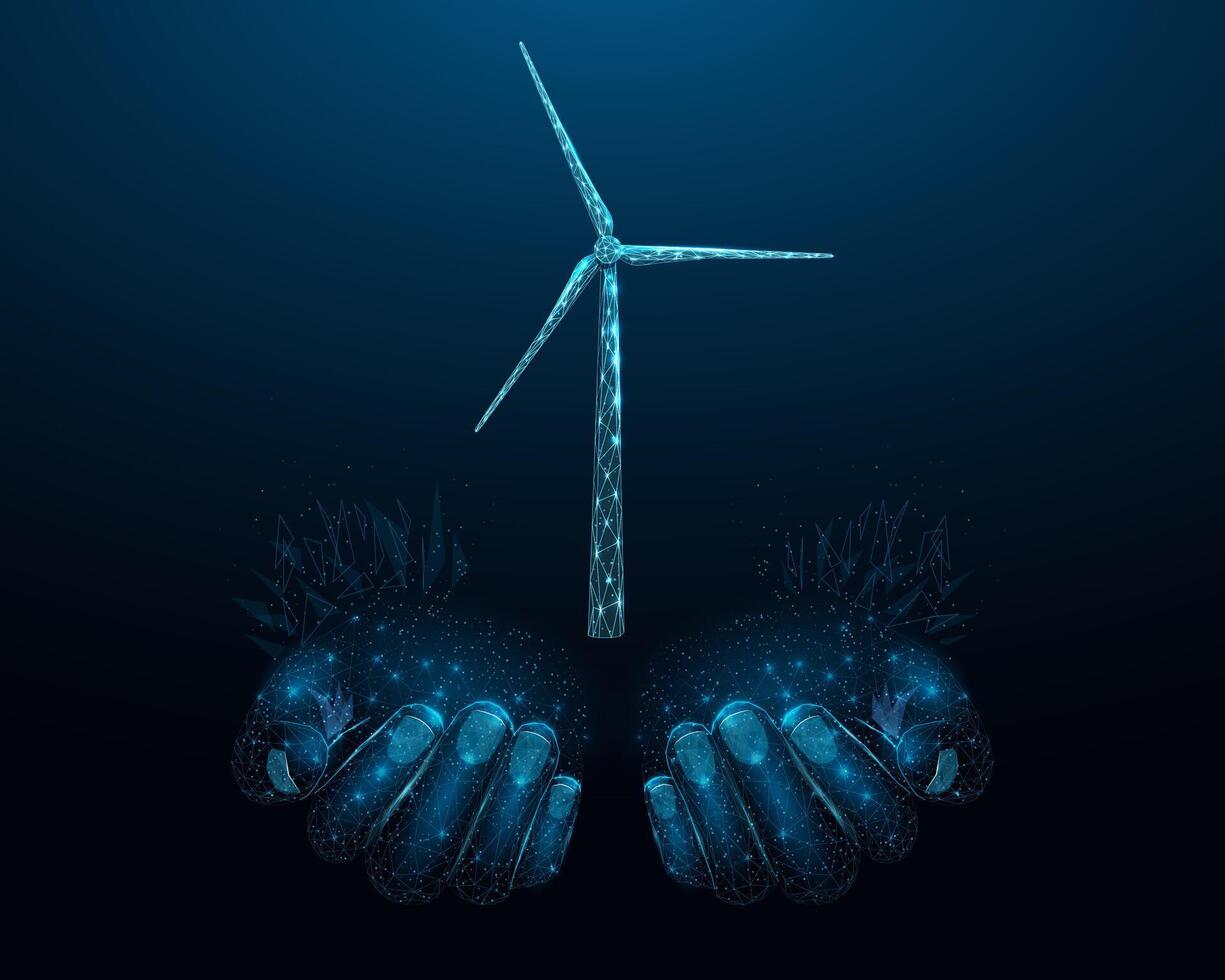 Two human hands are holds wind Generation Turbine. Renewable alternative energy concept with glowing low poly windmill on dark blue background. Wireframe low poly design. vector