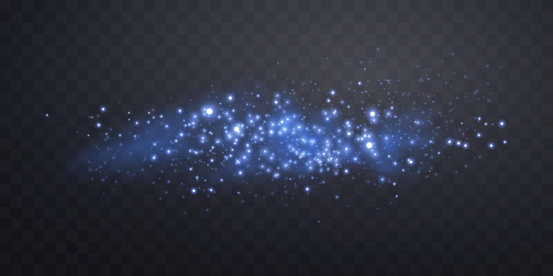 Blue glittering dots, particles, stars, magic sparks with smoke. Glow flare light effect. Blue luminous points in fog. vector