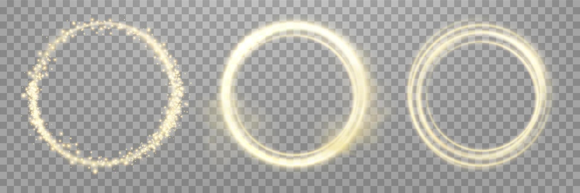Gold magic glowing rings. Neon realistic energy flare halo ring. Abstract light effect vector
