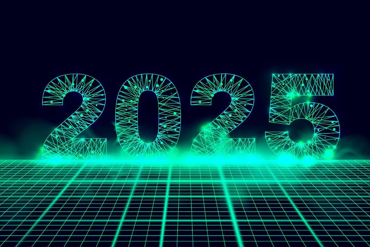 Happy new year 2025 greeting card, numbers from a polygonal wireframe mesh with green smoke. Abstract background. vector