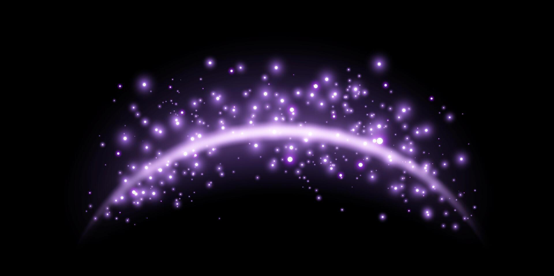 Purple magic arch with glowing particles, sunlight lens flare. Neon realistic energy flare arch. vector