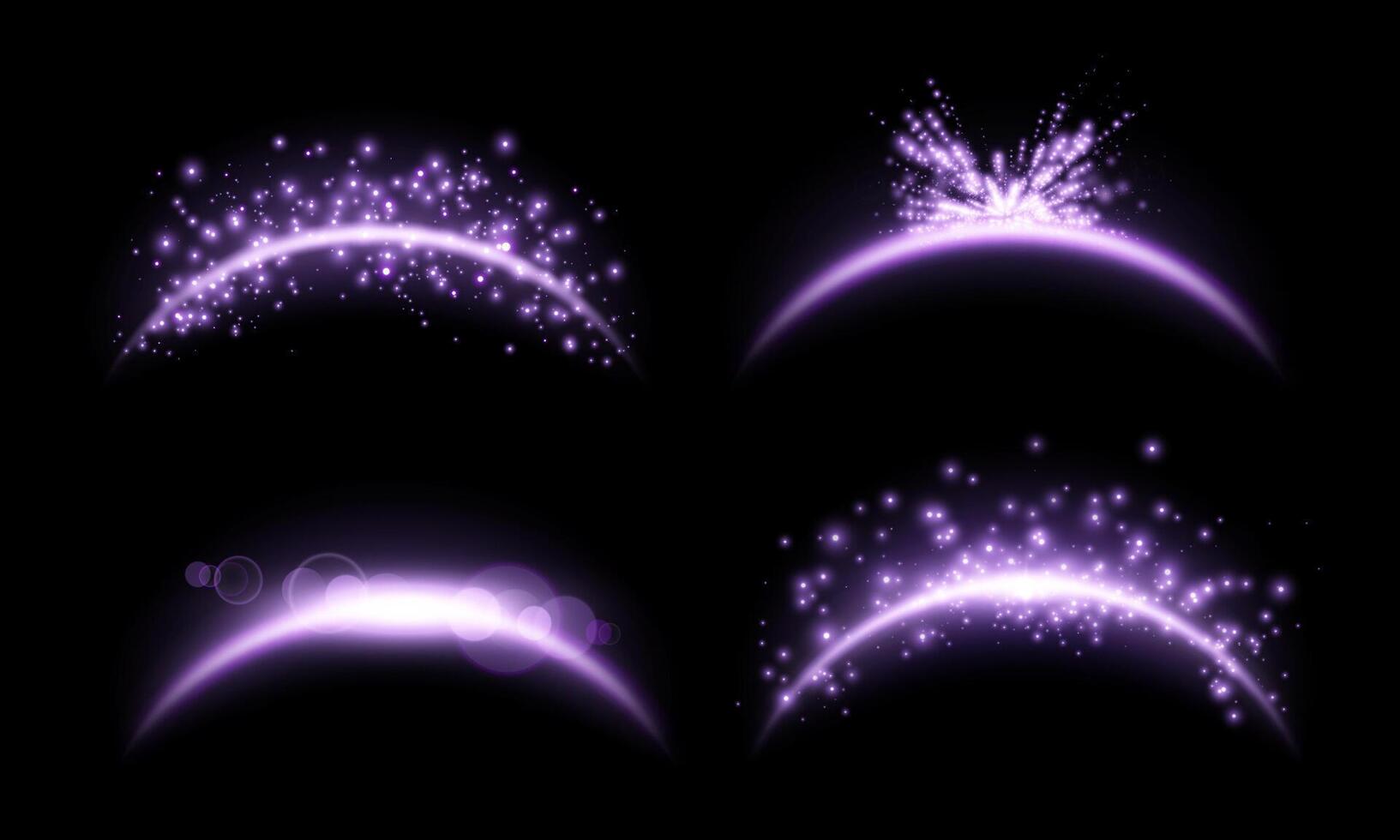 Purple magic arches set with glowing particles, sunlight lens flare. Neon realistic energy flare arch. Abstract light effect vector
