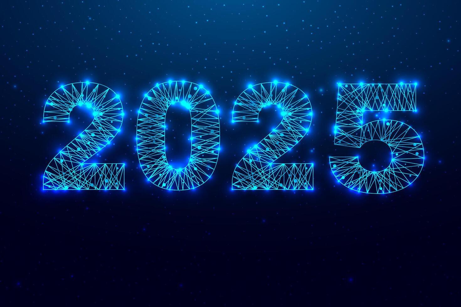 Happy new year 2025 greeting card. Low poly style design. Numbers from a polygonal wireframe mesh. vector