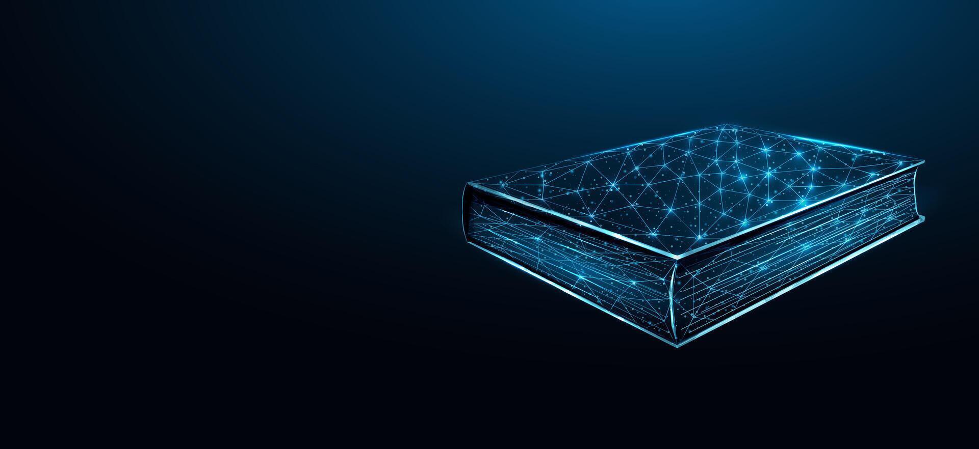 Book. Education concept with glowing low poly book on dark blue background. Wireframe low poly design. vector