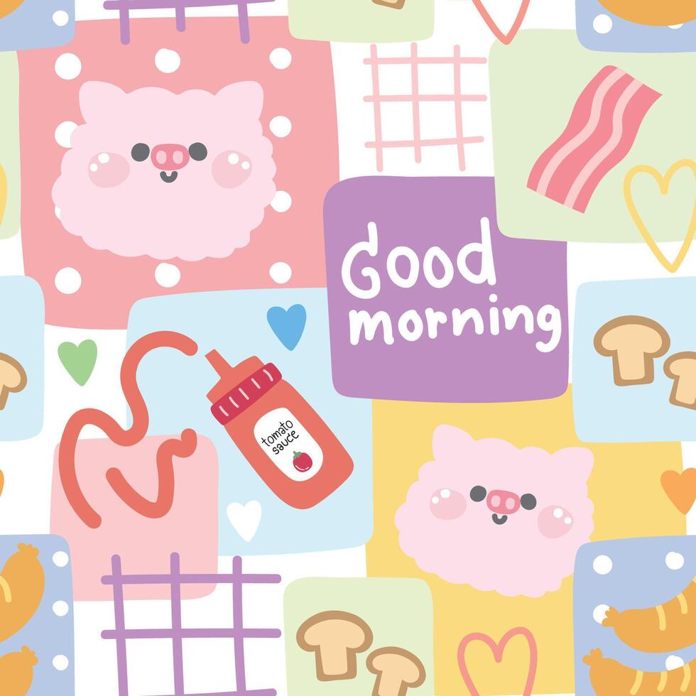Seamless pattern of cute face pig with icon on background.Pastel.Breakfast.Morning.Farm animal head character cartoon design.Bacon,mushroom,ketchup,sausage hand drawn.Kawaii. vector