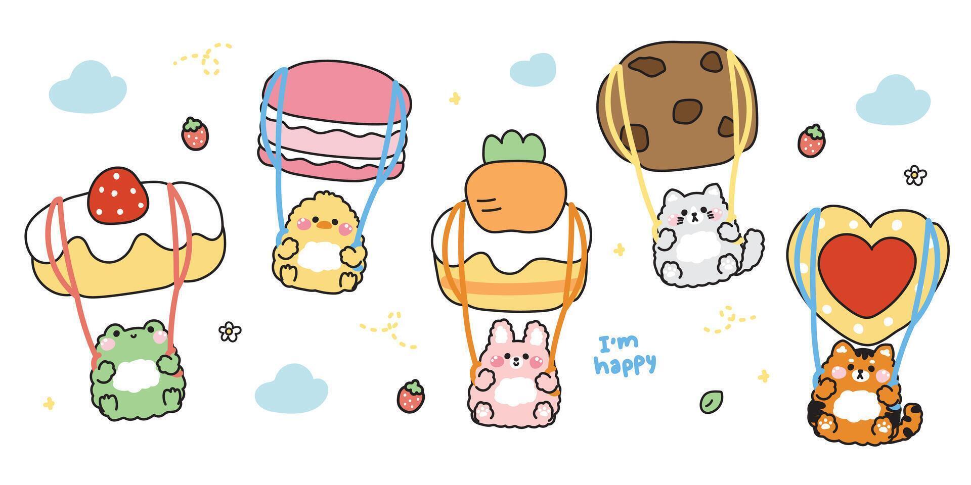 Set of cute animals parachute bakery shape on the sky background.Frog,chicken,rabbit,cat,tiger hand drawn.Sweet.Dessert.Cake.Cookies.Macaron.Kawaii.Illustration. vector