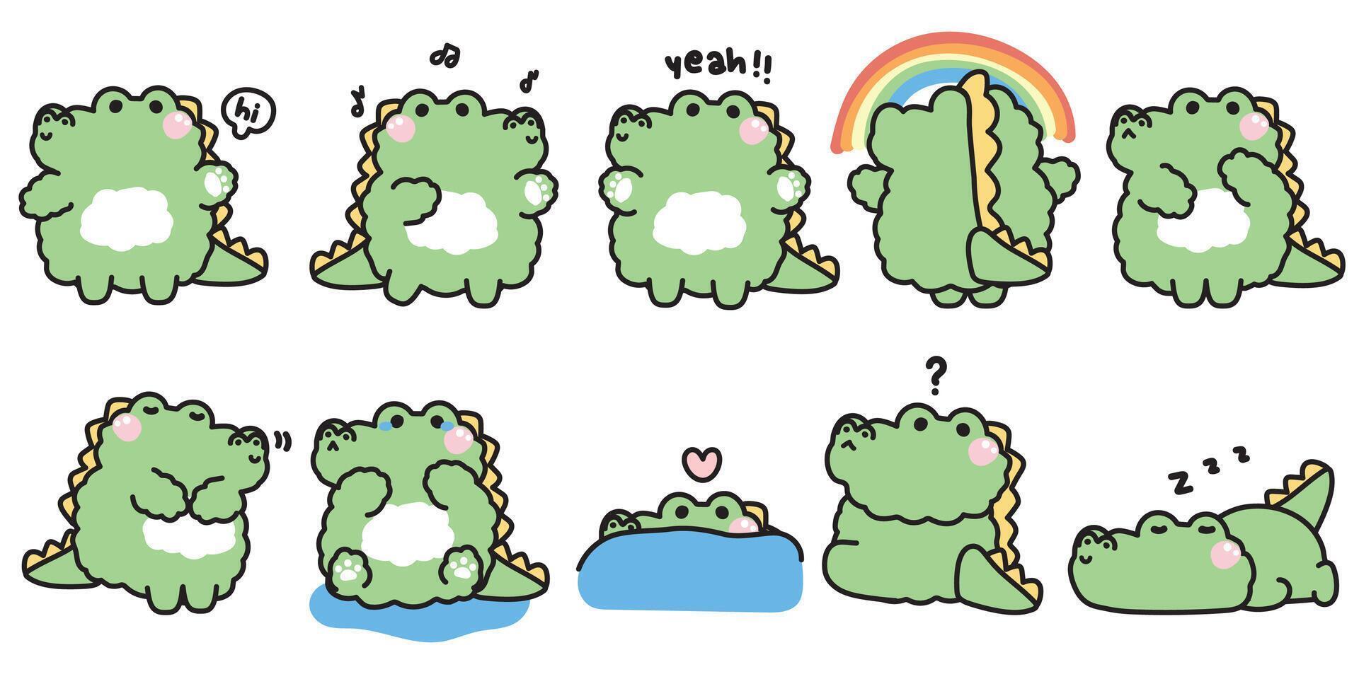 Set of cute crocodile doll in various poses and feeling.Emotional.Greeting,cry,thank you,dancing,rainbow.Reptile animal character cartoon design.Image for card,poster,baby product.Kawaii. vector