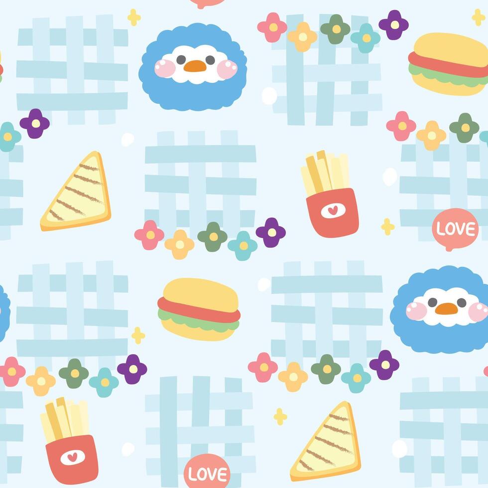 Seamless pattern of cute face penguin with icon on background.Pastel.Bird animal head character cartoon design.Flower,fresh fried,hamburger,sandwich hand drawn.Kawaii.Illustration. vector