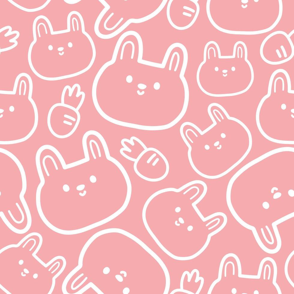 Seamless pattern of cute rabbit face with carrot on pink background.White line hand drawn.Rodent animal character cartoon design.Kawaii.Illustration. vector