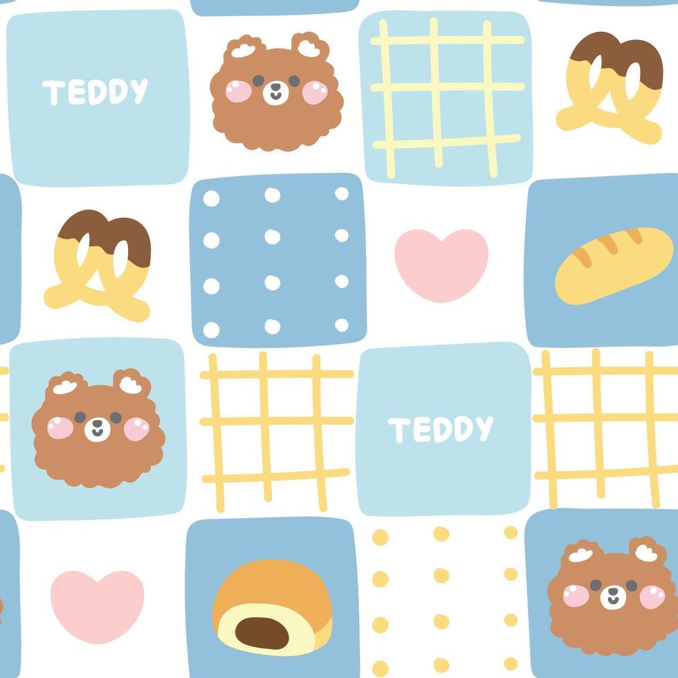 Seamless pattern of cute face teddy bear with icon on background.Pastel.Wild animal head character cartoon design.Heart,bread,bakery,chocolate hand drawn.Kawaii.Illustration. vector